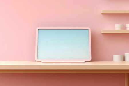 3d render of modern interior with blank screen computer on shelf.の素材