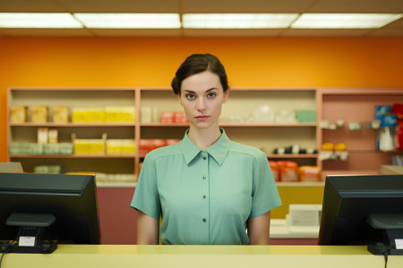 Portrait of a female pharmacist at the counter in a drugstoreの素材