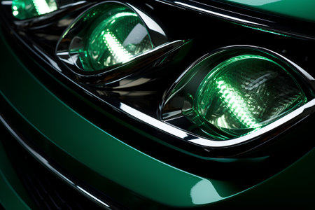 Close-up of the headlights of a green car. 3d renderingの素材