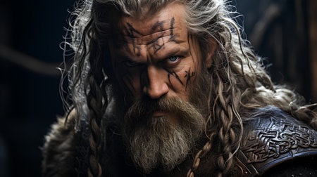 close-up portrait of a brutal man with long gray hair and beard in a medieval costume on a dark backgroundの素材