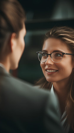 Portrait of smiling businesswoman in eyeglasses looking at colleagueの素材