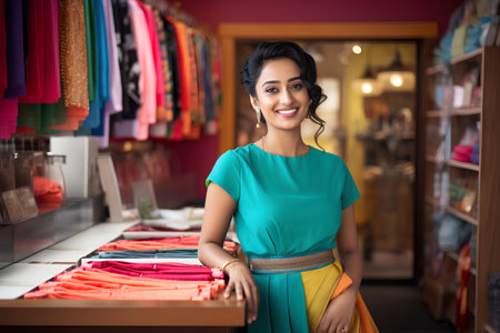 Beautiful indian woman choosing clothes in a clothing store. Shopping concept.の素材