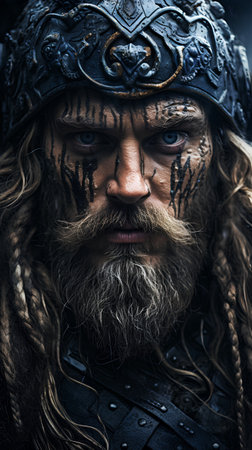 close-up portrait of a man with a long beard and mustache in the image of a medieval warriorの素材