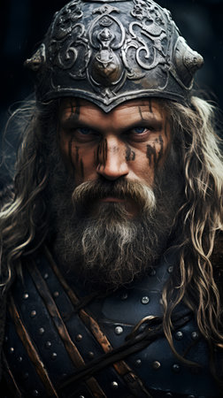 Portrait of a medieval warrior with a long beard and mustache on a dark background.の素材