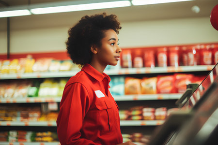 Young african american woman in red overalls shopping in supermarket.の素材