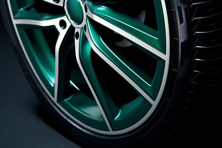 3d rendering of a car wheel on a dark background with highlightsの素材
