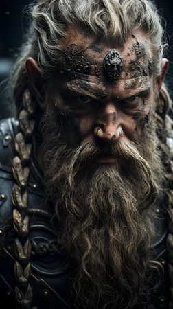 close-up portrait of a medieval warrior with a long beard and mustache on a dark backgroundの素材