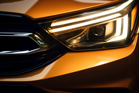 Close-up detail of a modern car headlight. Orange color.の素材