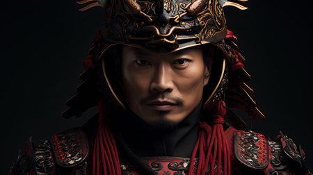 Portrait of asian viking warrior in helmet and armor on black backgroundの素材
