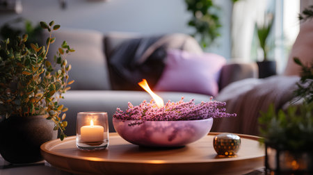 Lavender flowers in a ceramic bowl and burning candle on a wooden table in the living roomの素材