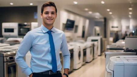Portrait of a young man in a household appliances store. He is looking at camera and smiling.の素材