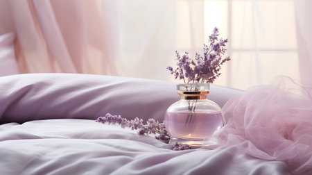 Lavender perfume in a glass bottle with dry lavender flowers on the bed.の素材