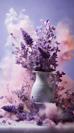 Lavender bouquet in vase on purple background with smokeの素材