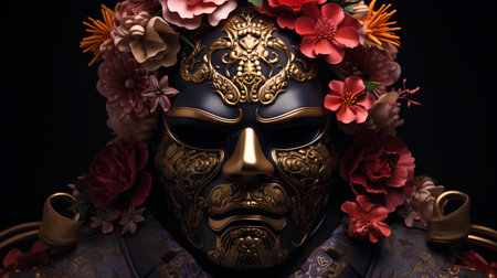 3d illustration of a greek warrior mask with flowers on black backgroundの素材