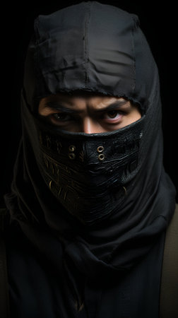 Portrait of a young man in a black hijab. Black background.の素材