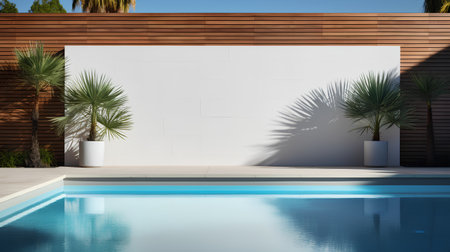 Swimming pool with palm trees and white wall. 3d renderingの素材