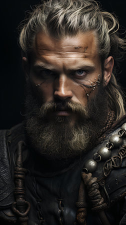 Portrait of a medieval warrior with a beard on a black background.の素材