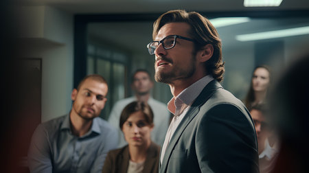 Portrait of confident businessman looking at camera with colleagues in background at officeの素材