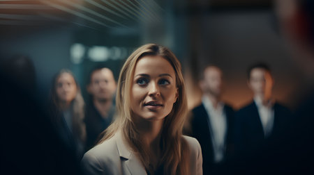 Portrait of a young businesswoman in front of a group of business peopleの素材