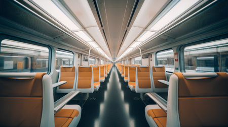 Interior of a modern train with orange seats. 3D renderingの素材