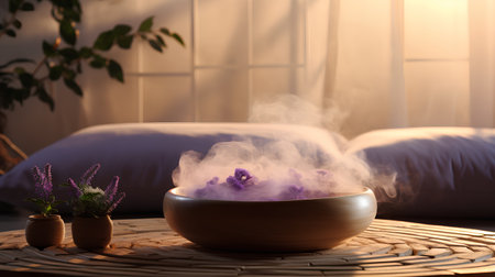 Smoke in a ceramic bowl on a wicker bedside tableの素材