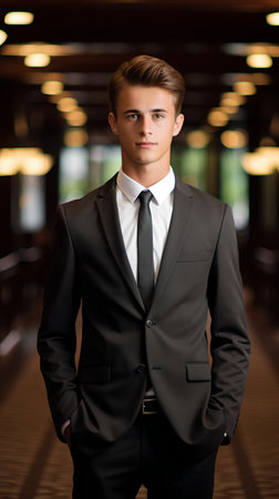 Portrait of a handsome young man in a black suit. Men's beauty, fashion.の素材