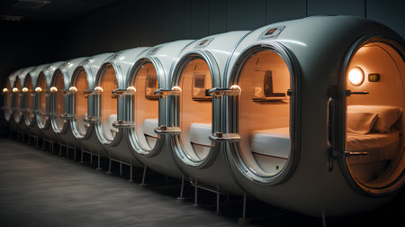 3D rendering of a row of wine barrels in a wine cellarの素材