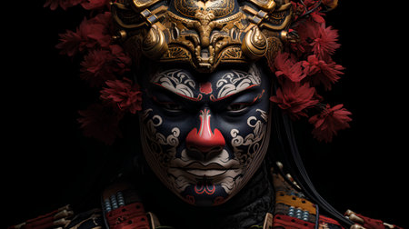 Warrior mask with red flowers on the black background. 3d illustration.の素材