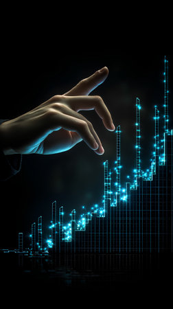Hand touching digital business chart on dark background. 3D rendering.の素材