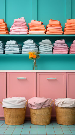 Laundry room with baskets full of folded clothes. 3d renderの素材