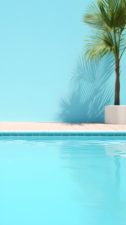 Swimming pool with a palm tree in the background. 3d renderingの素材