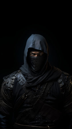 Portrait of a medieval knight in armor and mask on black backgroundの素材
