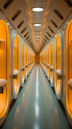 3d render of a long corridor in an airplane with orange seatsの素材