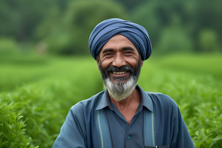 Indian farmer at tea plantation in India. Portrait of happy Indian farmer with grey beard and turban.の素材