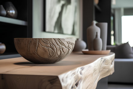 Wooden bowl on the table in living room. 3d renderingの素材