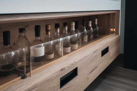 Wooden cabinet with bottles of wine in the cellar. 3d renderの素材