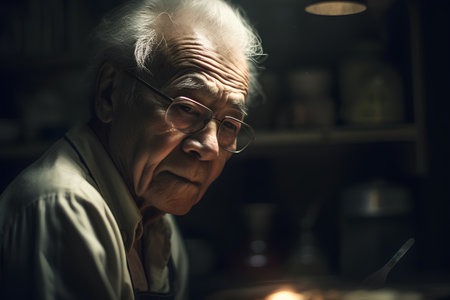 Portrait of an old man with glasses in a dark room.の素材