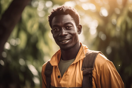 Portrait of a smiling african man with backpack standing in the forest.の素材