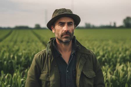 Portrait of a confident farmer standing in a wheat field and looking awayの素材