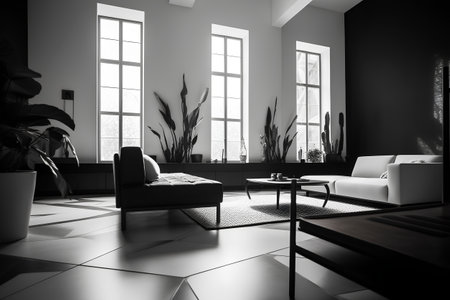 Interior of modern living room with black and white tones. 3d renderの素材