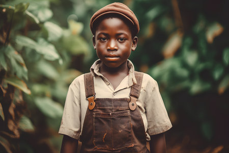 Portrait of a little african boy wearing brown hat and overalls.の素材