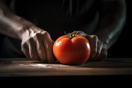 Man's hands holding a tomato on a cutting board. Dark background.の素材