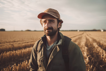 Portrait of a bearded farmer standing in a wheat field, looking at camera.の素材
