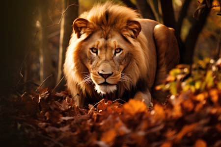 Portrait of a lion in the autumn forest. Animal in nature.の素材