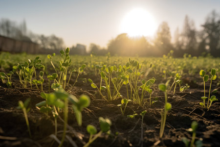 Young seedlings of soybean in a row on a field in springの素材