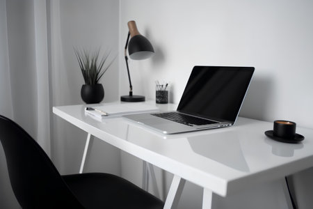 Laptop on a table in a modern office. 3d renderの素材
