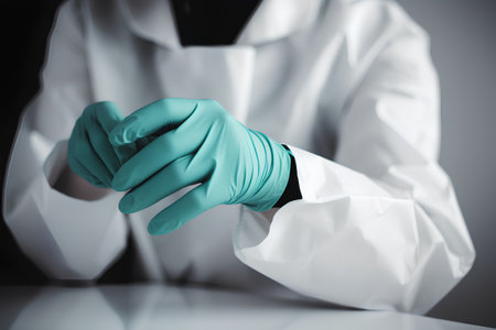 Doctor in a white coat and blue gloves, close-up.の素材