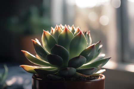 succulent plant in a pot on the windowsill with copy spaceの素材