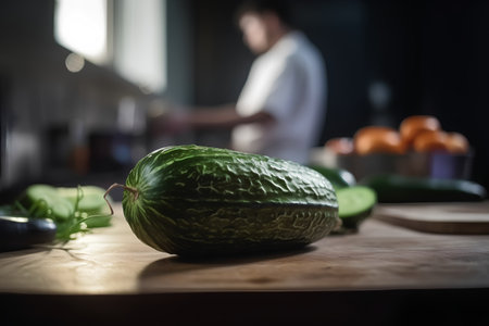 Fresh vegetables on a wooden table in the kitchen with a man in the backgroundの素材