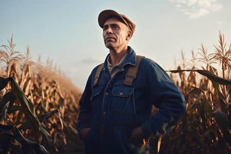 Farmer standing in corn field and looking at camera. Portrait of mature man in cornfield.の素材